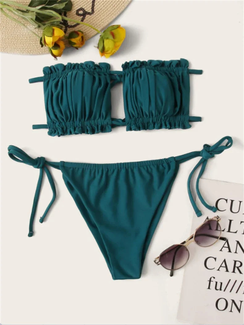 3 Colors Sexy Bikini Bandeau Women Swimwear Swimsuit Pleated Lettuce Trim Hollow Knotted Bikinis Set Bathing Suit Beach Bikini