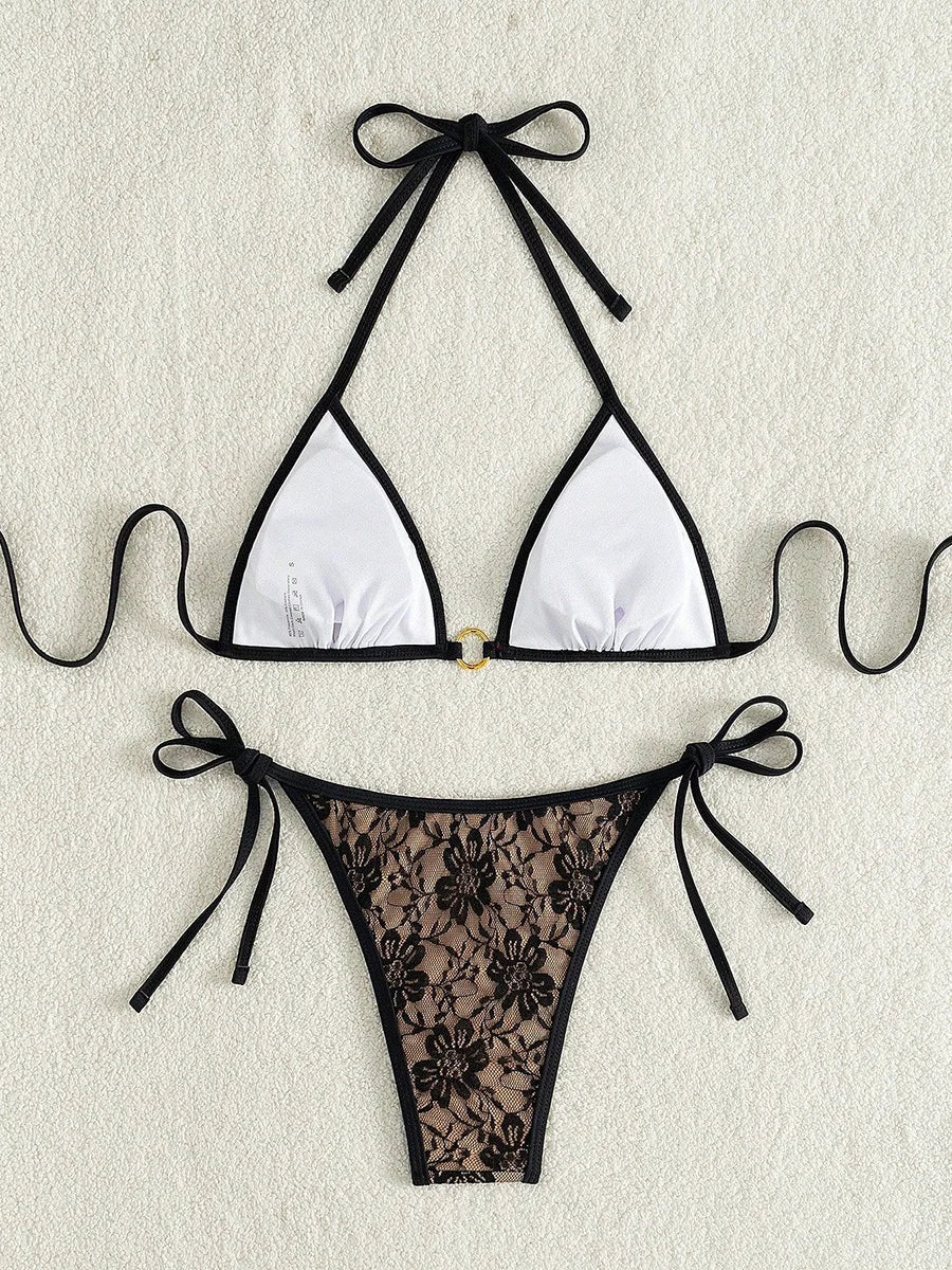 Embroidery Mesh Lace Halter High Cut Bikini Female Swimsuit Women Swimwear Two-pieces Bikini Set Bather Bathing Suit Swim Beach