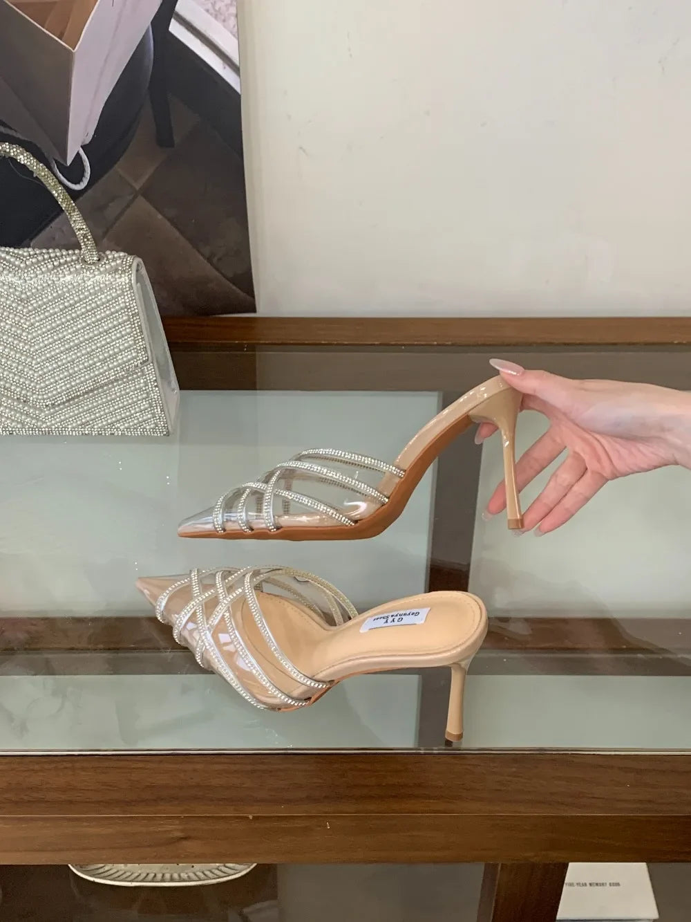 French Summer CRYSTAL PVC Transparent Pointed Toe Women Slippers Pumps Mules Shoes Elegant Thin High Heels Banquet Party Sandals