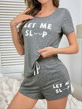 Summer Two-piecesPajamas Set Gray Letter Printed Casual Top and Shorts Set Home Wear Women's Sleepwear Loungewear