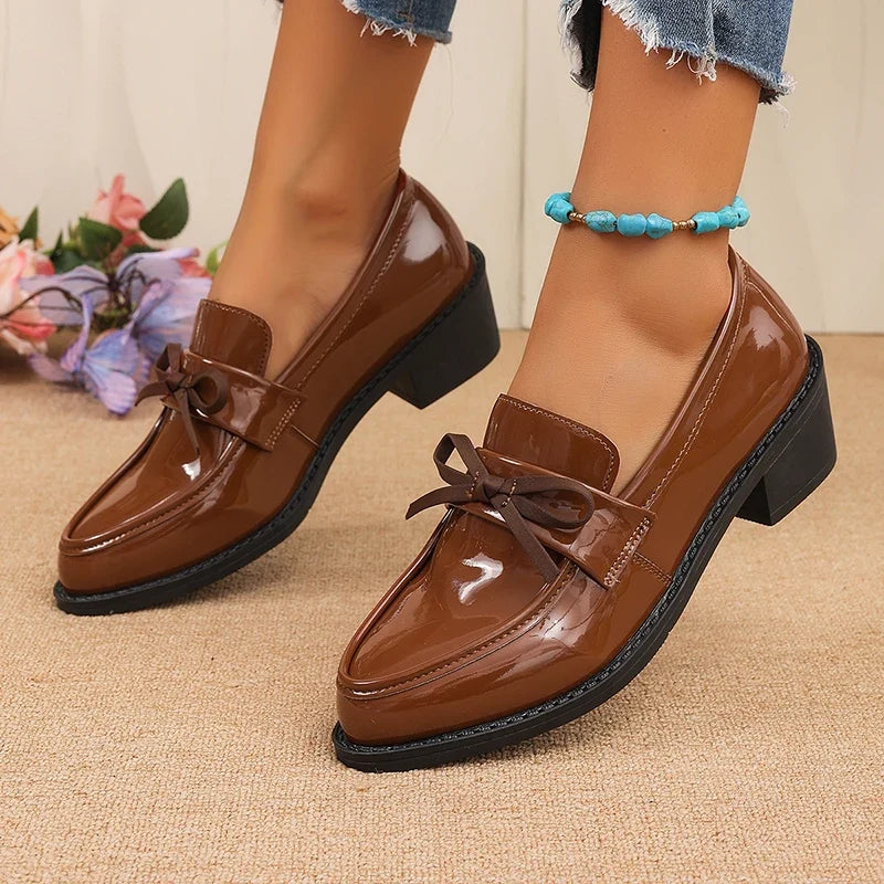Patent Leather Bowknot Oxford Shoes Women Plus Size 43 Pointed Toe Thick Heel Pumps Woman Elelgant Slip On Pu Leather Shoes 2026