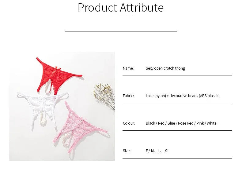 Hot Sexy Mesh Hollow Female Lingerie Transparent Crotchless Women Lace Open Crotch Beading Panties Underwear Erotic Costume