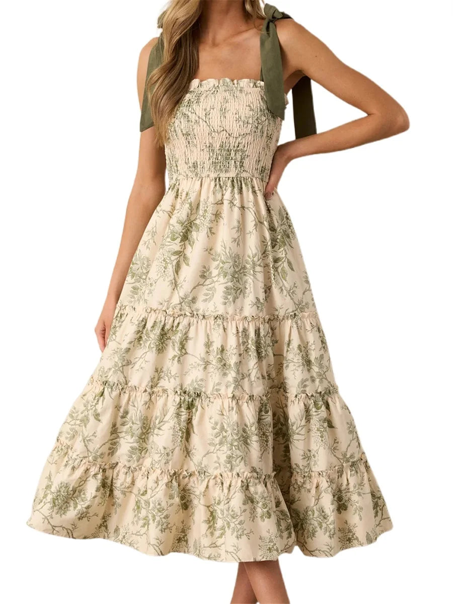 Women's Summer Floral Print Dresses Stylish Ruffled Trim Smocked Sleeveless Tie-Shoulder A-Line Dress