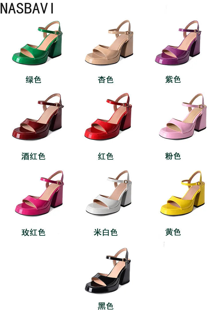 NASBAVI Women Patent Leather Sandals Super Chunky High Heeled Ankle Buckle Shoes Platform Summer Thick Heel Sandal Ladies 35-43