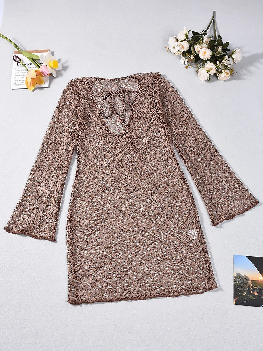 Sexy hollow bikini swimsuit cover-up European and American summer solid color beach dress