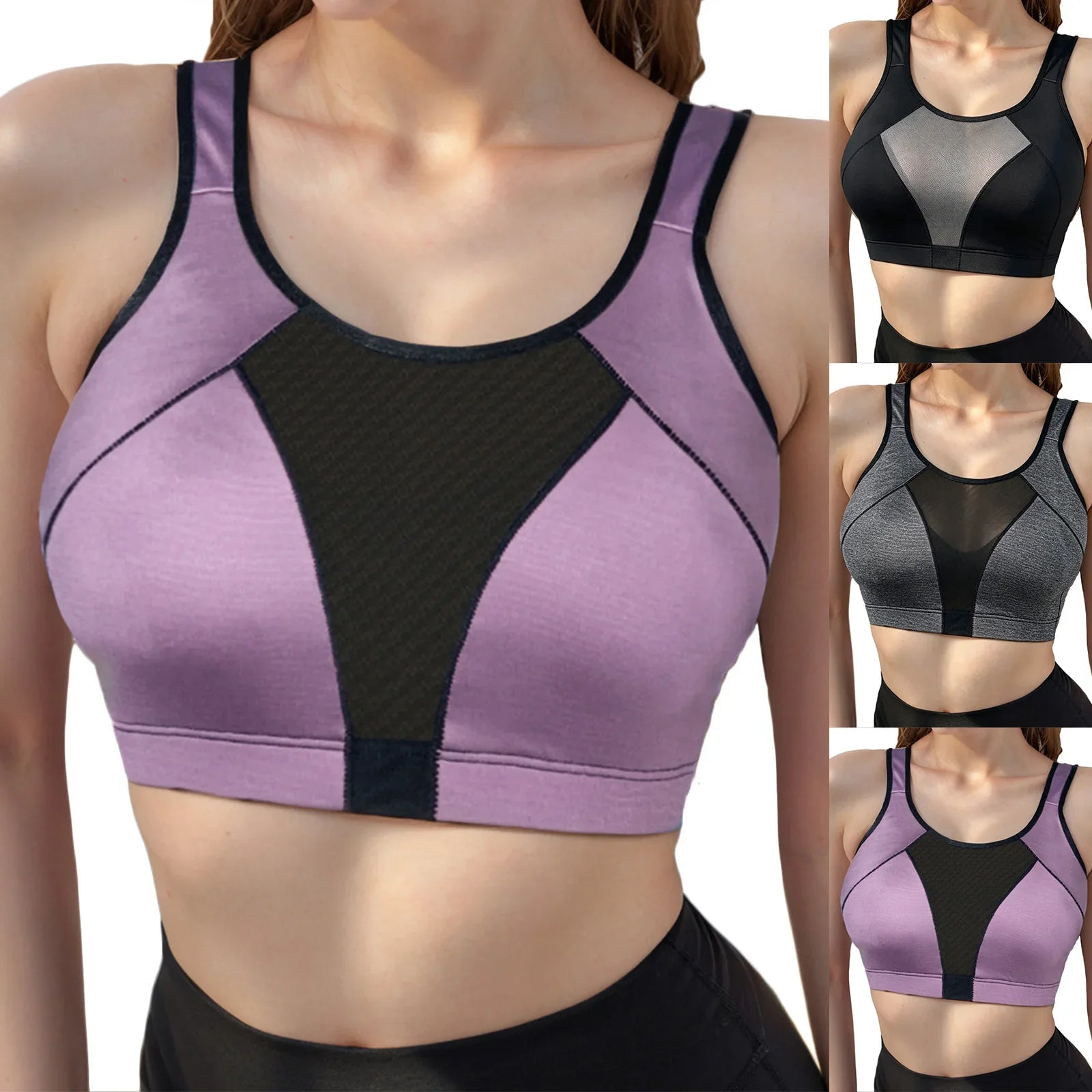 Women Sports Bra Sheer Mesh Patchwork Racerback Yoga Bra Breathable Quick Dry Workout Crop Top Gym Running Fitness Underwear