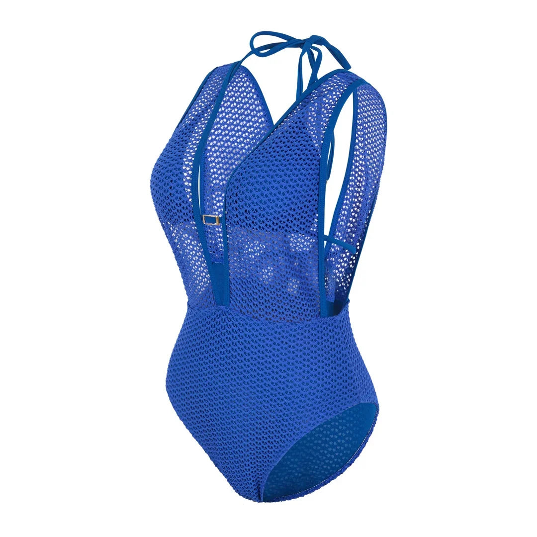 S - XL Deep V Neck Knit Fish Net Mesh Women Swimwear One Piece Swimsuit Female Monokini Backless Bather Bathing Suit Swim V7832