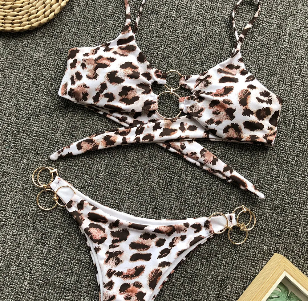 2026 Sexy Bikini Women Swimwear Swimsuit Solid Leopard Metal Ring Bikinis Set Bathing Suit Beach Bikini Female Biquinis Feminino