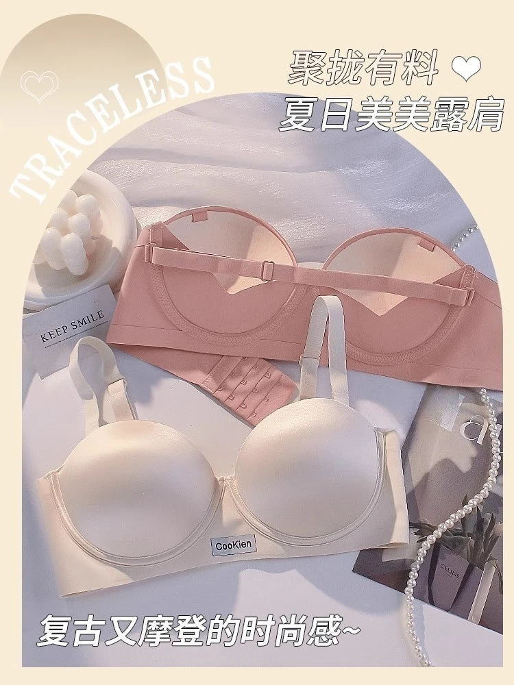 MOYISU 2025 Summer Bra Small Bust Strapless Anti Slip Half Cup Seamless Lift Enhancer Anti Sagging Breathable Invisible Bralette