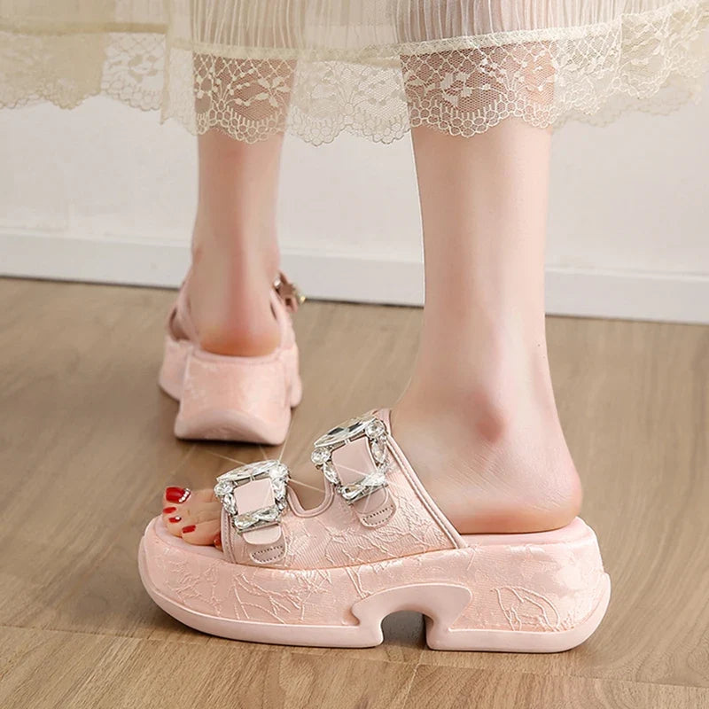 Luxury Rhinestone Thick Bottom Sandals Women 2026 New Silk Satin Embroidery High Heel Sandals Woman Summer Thick Heeled Slippers