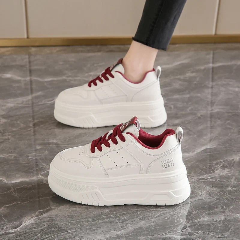 Pu Leather Thick Bottom Sneakers Women 2025 Breathable Platform Vulcanised Shoes Woman Womens All Match Lace Up Casual Sneakers