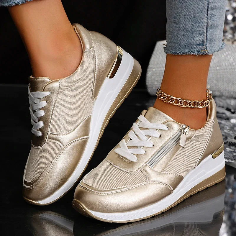 Fashion Thick Bottom Silver Sneakers Women 2025 Spring Wedge Heel Vulcanized Shoes Woman Comfortable Lace Up Sport Sneaker Mujer