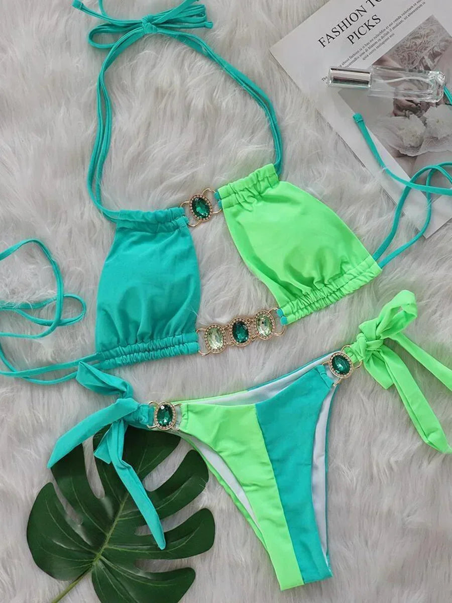 2026 Leopard Rhinestone Jewelled Bikini Women Hollow out Swimsuit female Thong Swimwear Diamond Bikini Set Halter Bathing Suit