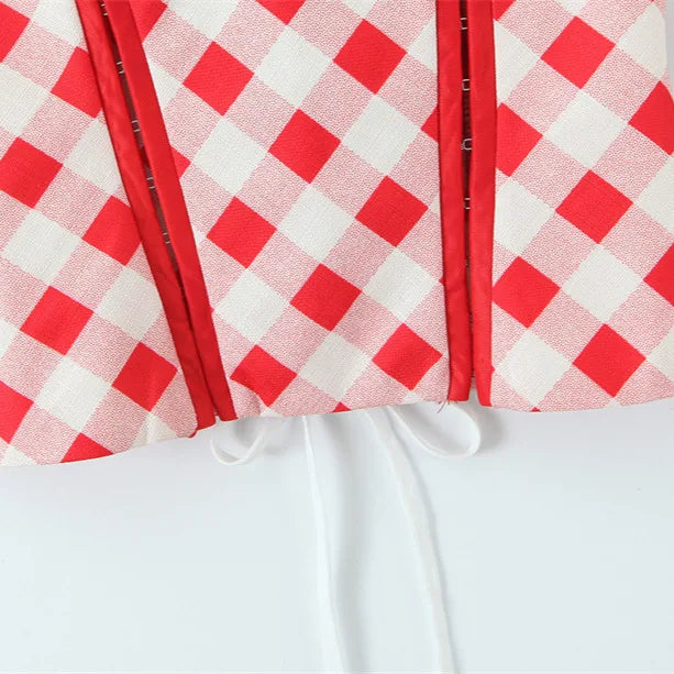 Spring And Summer New Style Sweet Red Plaid Unique Back Drawstring Top Halter Neck V-neck Sexy Slim-fit Tank Top Casual UH75