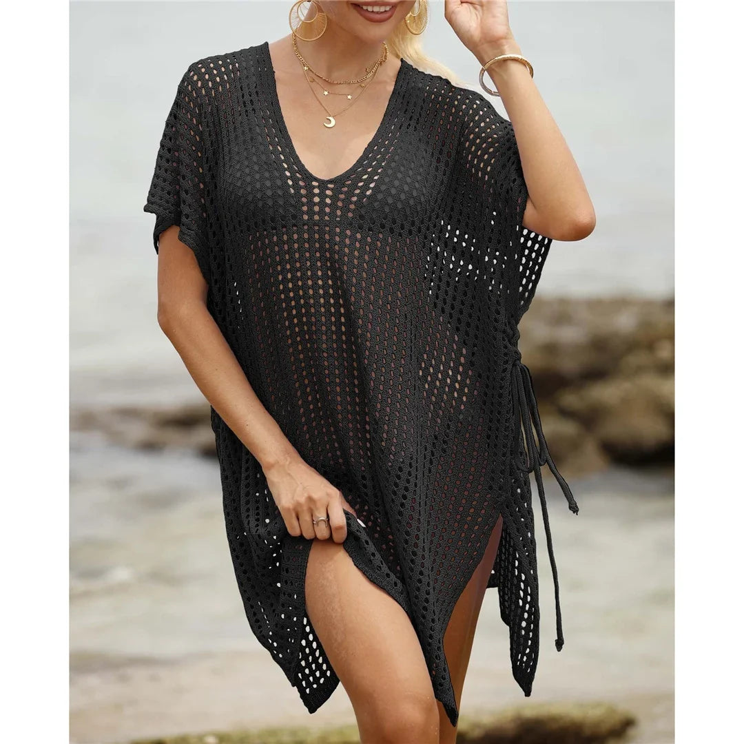 Short Sleeve V Neck Hollow Out Crochet Knitted Tunic Beach Dress Beach Wear Beachwear Beach Cover Up Cover-upsFemale Women V8061