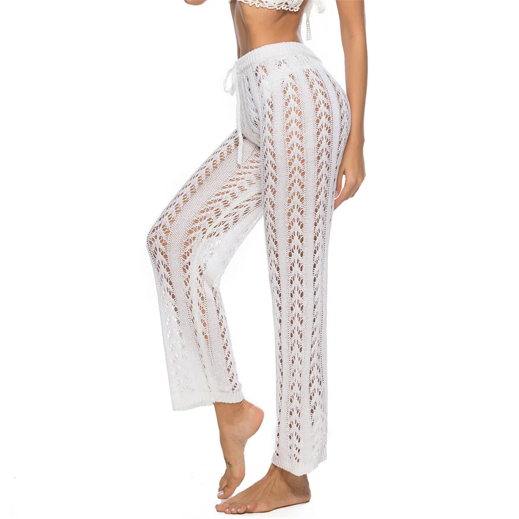 S - XL Women Crochet Knitted Beach Pants Hollow Out Elastic Straight Casual Trouser Holiday Beach Wide Leg Bikini Cover Up V2651