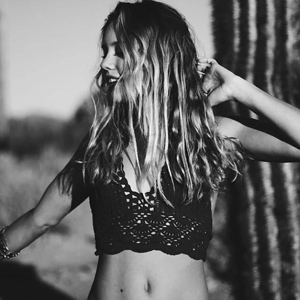 Sexy Crochet Crop Top Bikini Crop Top Women Crochet Boho Beach Camisoles Bikini Bralette Halter Cami Knitted Bra Backless