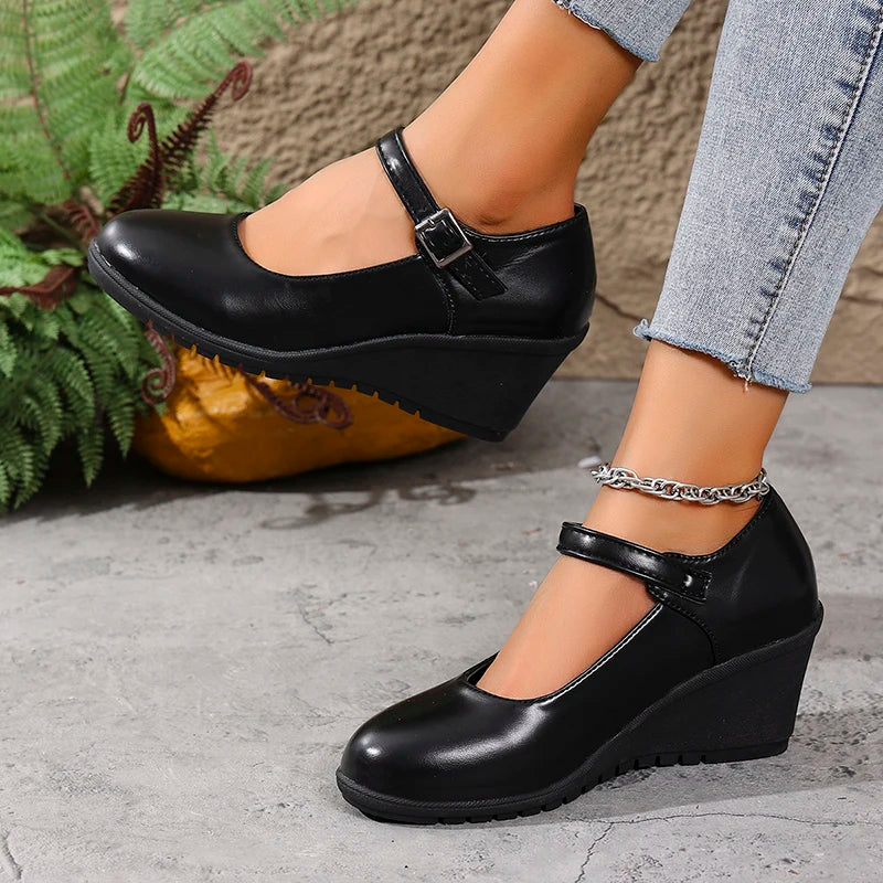 2026 New Ankle Buckle Wedges Heel Pumps Women Black Pu Leather High Heels Mary Jane Shoes Woman Plus Size 42 Office Pumps Ladies