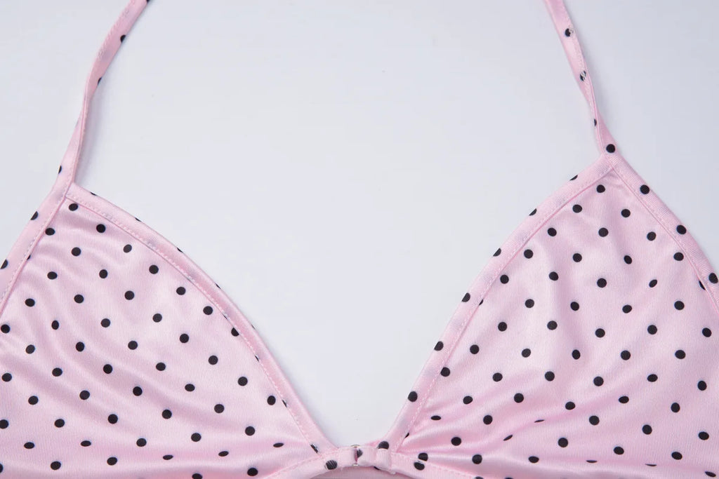 FDYOUI Women's Polka Dot Print Pink Swimsuit Lace-up Bras Panties Split Skirts 3 Pieces Bikinis Sets Bathing Suit Beach Swimwear