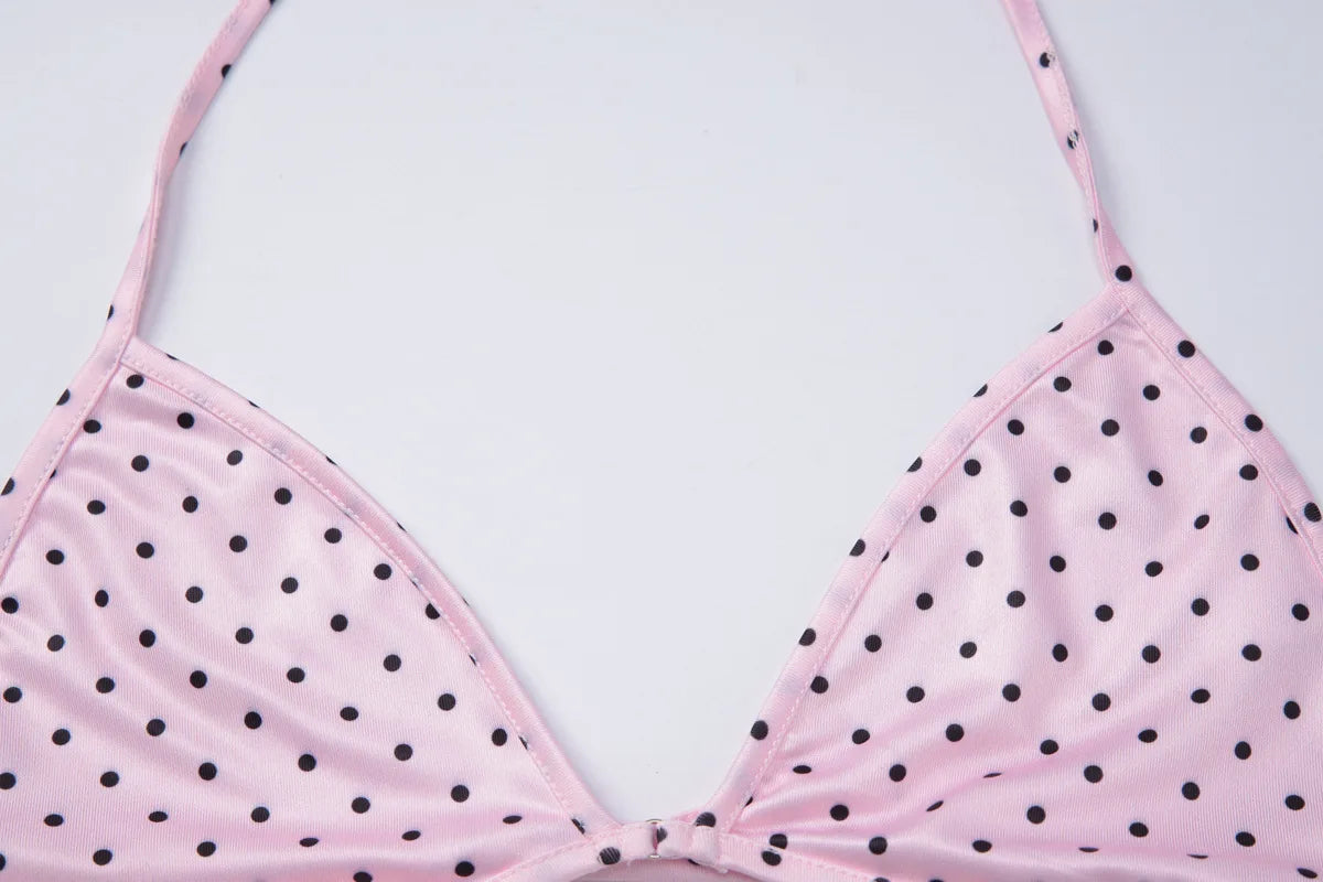 FDYOUI Women's Polka Dot Print Pink Swimsuit Lace-up Bras Panties Split Skirts 3 Pieces Bikinis Sets Bathing Suit Beach Swimwear