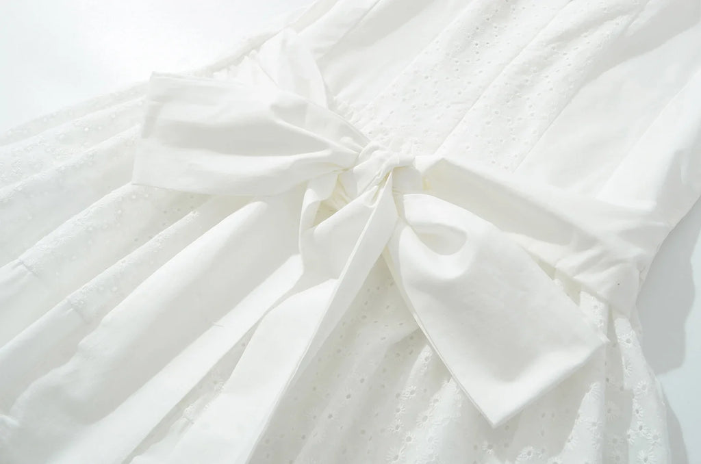 Foridol Bowknot White Summer Women's Dresses 2025 Square Collar Cotton Hollow Out Short Dress New in Vintage Beach Dress