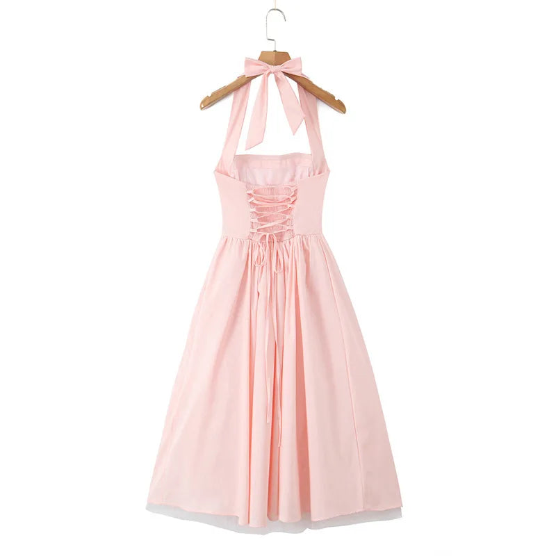 French Style Backless Cross-strap Halter Neck Dress For Women With Hard Mesh Panels Waist-cinching Pleated Large Hem Casual FYR0