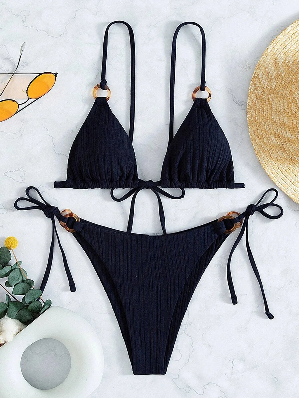 Sexy Rib Texture Triangle String Bikini Set Women Push Up Padded Thong Swimsuit Female Cut Out Bathing Suit Swimwear Biquini