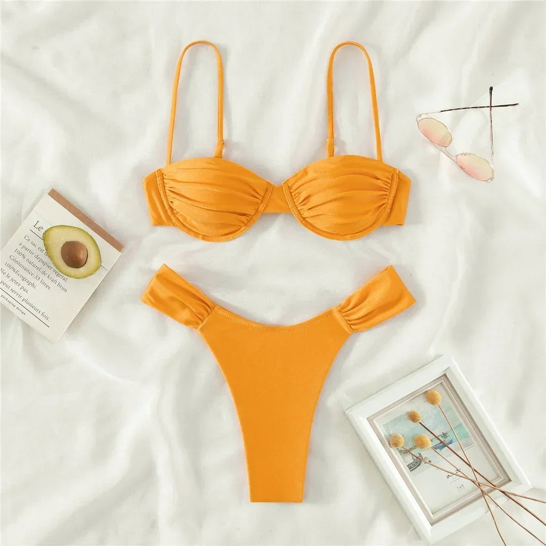 Sexy Wrinkled Underwired Brazilian Bikini Female Swimsuit Women Swimwear Two-pieces Bikini Set Triangle Bathing Suit Swim Lady