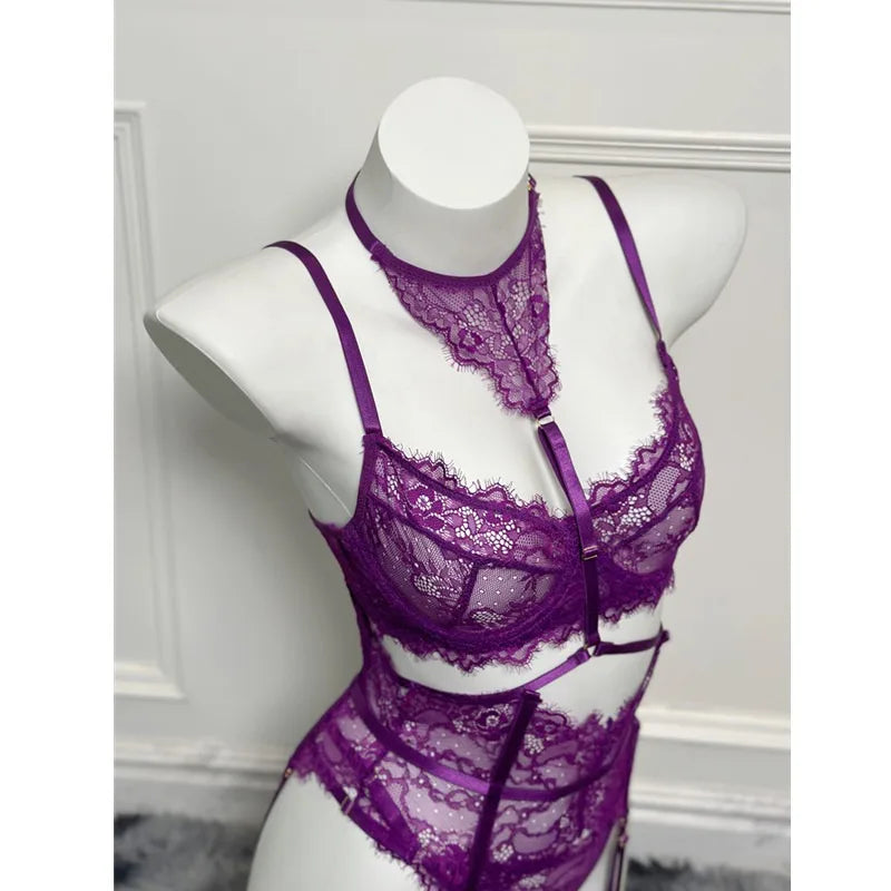 Toucheart Sexy Lingerie Suit for Women Lace Patchwork Halter Bra Set Solid Color Sexy Mesh See-through Garters Underwear Set New