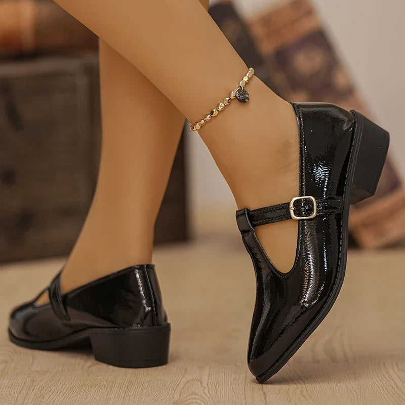 Fashion T Strap Pointed Toe Oxford Shoes Women Ankle Buckle Low Heel Pu Leather Shoes Woman Plus Size 43 Thick Sole Office Shoes