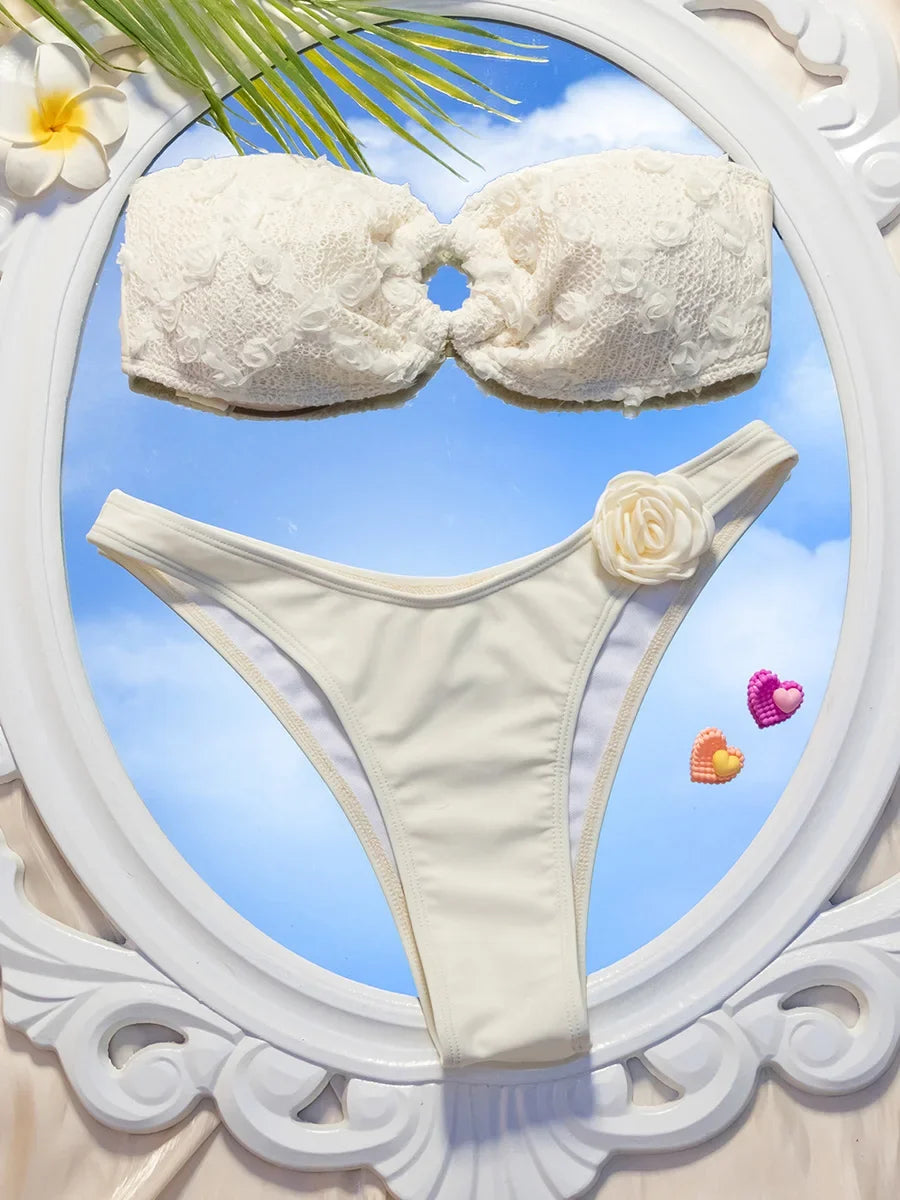 3D Flowers High Leg Cut Bandeau Bikini Women Swimsuit Female Swimwear Two-pieces Bikini Set Bather Bathing Suit Swim Beachwear