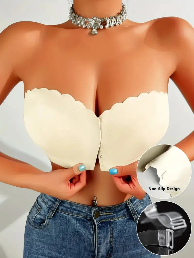 Solid Seamless Strapless Front Closure Wireless Strapless Bra, Sexy Comfy Push Up Bra, Women's Lingerie & Underwear