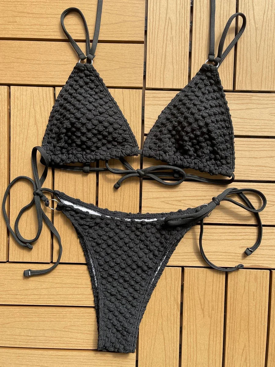 Sexy Wrinkled Strappy Halter Bikini Female Swimsuit Women Swimwear Two-pieces Bikini set Tie Side Bather Bathing Suit Swim Lady