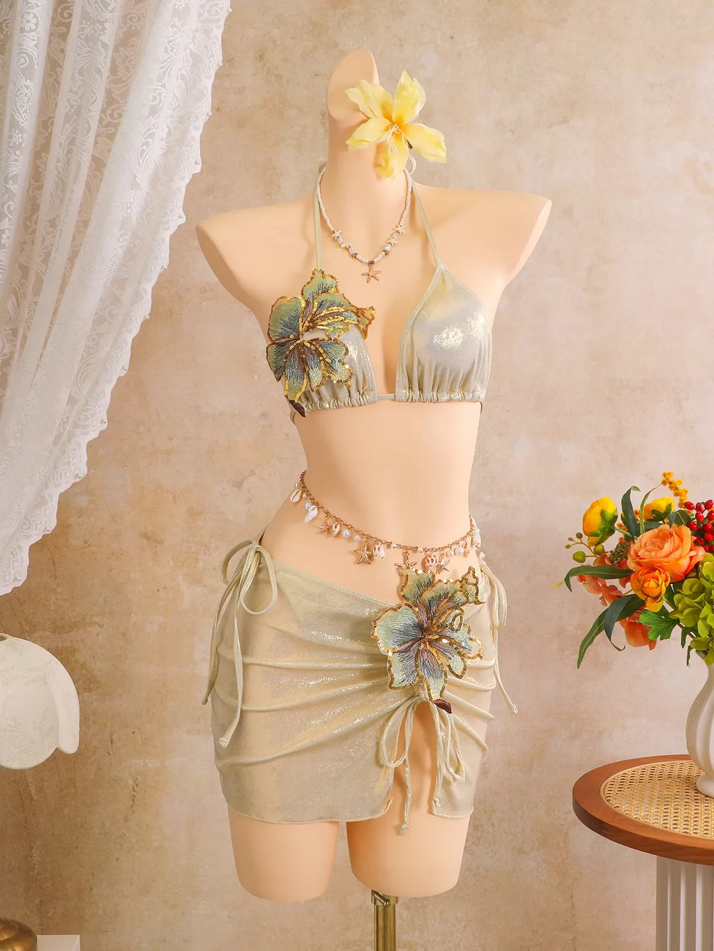 Women embroidery flower glitter metallic bikinis sets 3pcs with split mini skirt swimsuit bathing suit beach outfits biquini