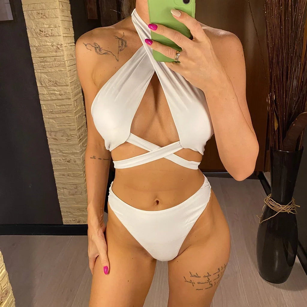 New 5 Colors White Cut Out Women Swimwear Bikini Female Swimsuit Two-Pieces Bikini Set Brazilian Bather Bathing Suit Swim V3366B