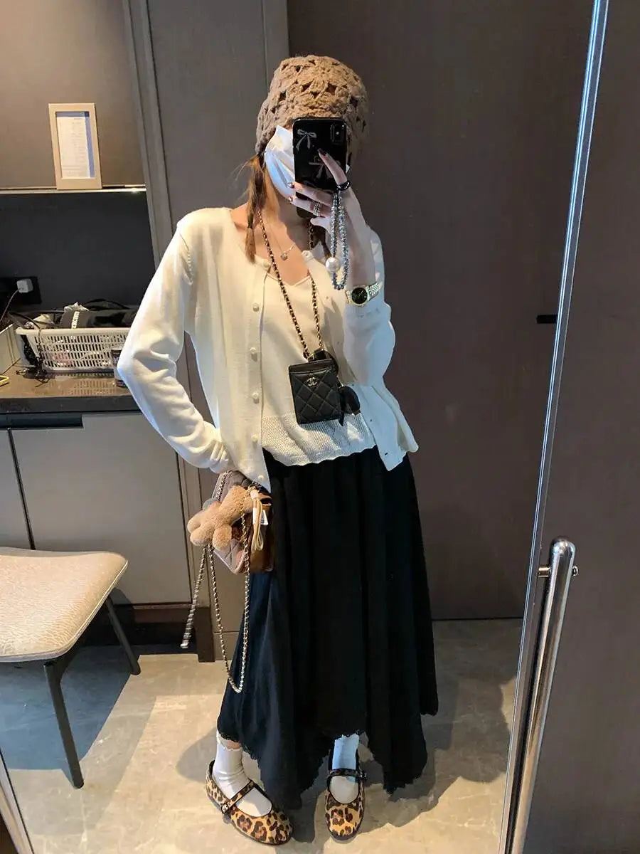 Spliced Lace Elastic High-waisted Slimming Skirt White Lace Trim Skirt Elastic Waist Casual Summer Style Skirt For Women 6S7Q