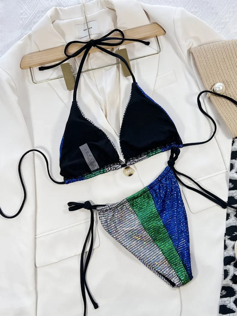 Bikini 2026 Sexy Patchowrk Shining Fabric Swimwear Swimsuit Women Halter Bikinis Set Bathing Suit Beach Bikini Biquinis Feminino