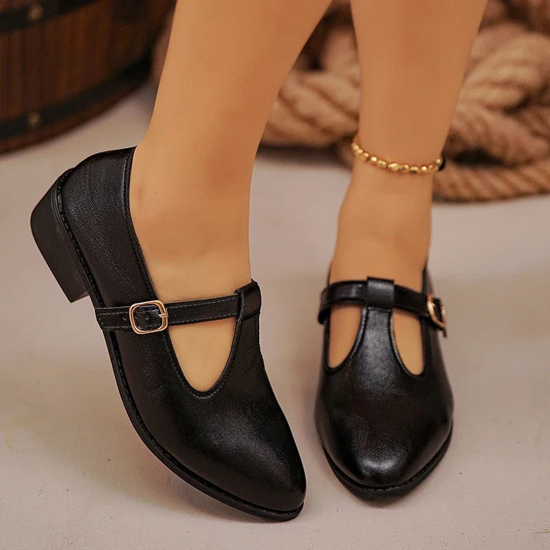 Fashion T Strap Pointed Toe Oxford Shoes Women Ankle Buckle Low Heel Pu Leather Shoes Woman Plus Size 43 Thick Sole Office Shoes
