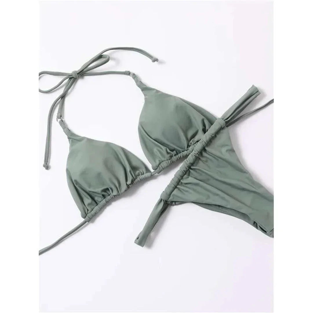 PU Pleated Ruched Bikinis Mini Micro Thong Bikini Women Swimwear Female Swimsuit Two-pieces Bikini Set Halter Bathing Suit Swim