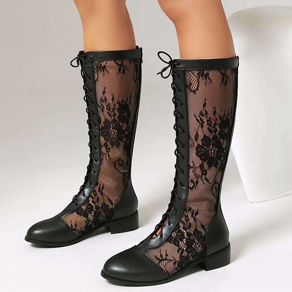 2026 Plus Size 48 Black Flower Mesh Lace Knee High Boots Women Breathable Square Heels Red White Summer Boots Shoes Zipper