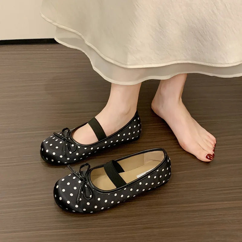 Polka Dot Women Ballet Flats Comfortable Round Toe Elastic Band Shoes Street Style Soft Sole Ladies Eelgant Wedding Dress Shoes