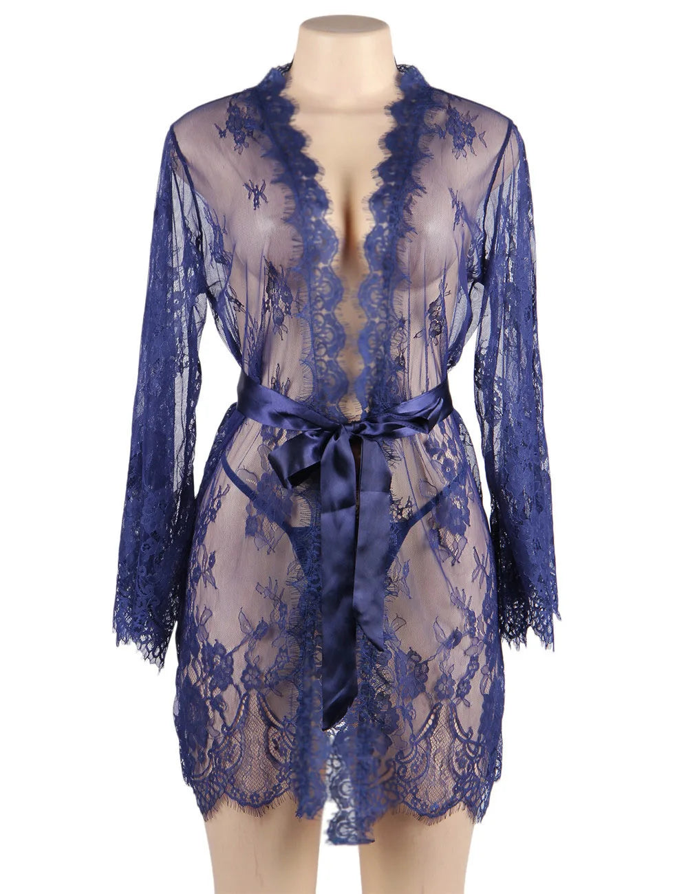 5xl 6xl Blue Kimono Femme Lace Robe Transparent Dress Plus Size Clothing Sexy Peignoirs For Women Nightie Long Sleeve Nightgowns