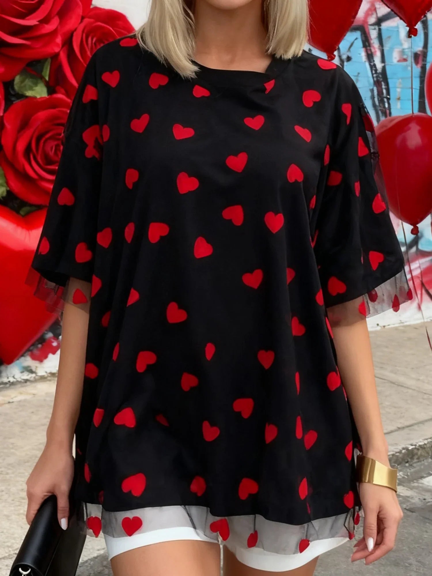 Summer T-Shirt Women Casual Loose Fit Stylish Love Heart Print Crew Neck Short Sleeve Tops