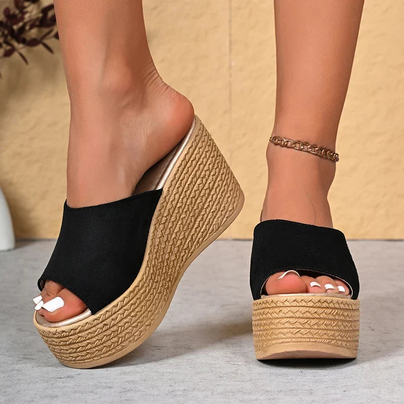 Summer 9Cm Chunky Heeled Slippers Women Plus Size 43 Peep Toe Platform Wedges Sandals Woman Casual High Heel Sandles Female