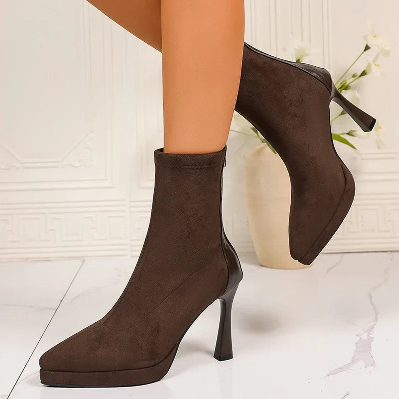 Sexy Pointed Toe Thin High Heels Boots Women Fashion Back Zipper Platform Ankle Boots Woman Super High Heeled Short Booties 42
