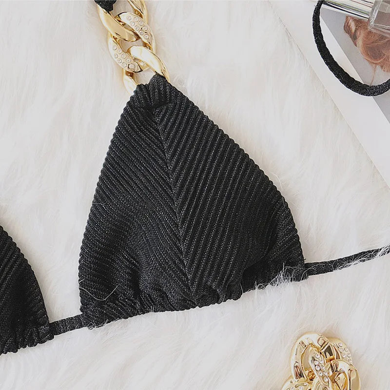 Halter Ribbed Metal Chains Diamond Bikini Women Swimsuit Female Swimwear Two-pieces Bikini Set Bather Bathing Suit Swim Lady