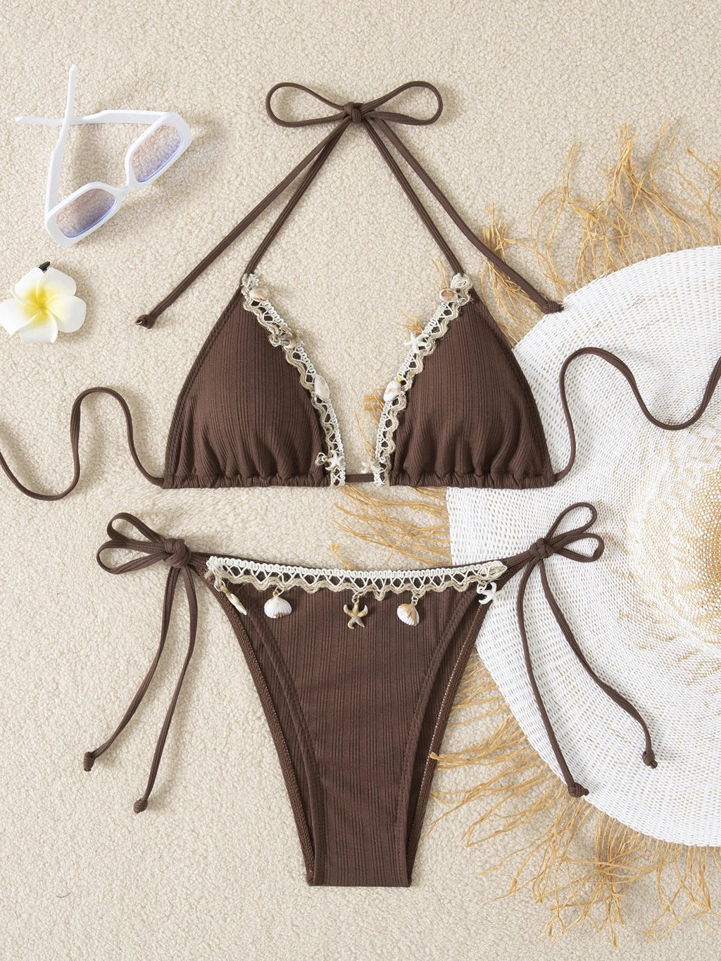 Shell Decoration Ribbed Halter Strappy Bikini Women Swimwear Female Swimsuit Two-pieces Bikini Set Bather Bathing Suit Swim Lady