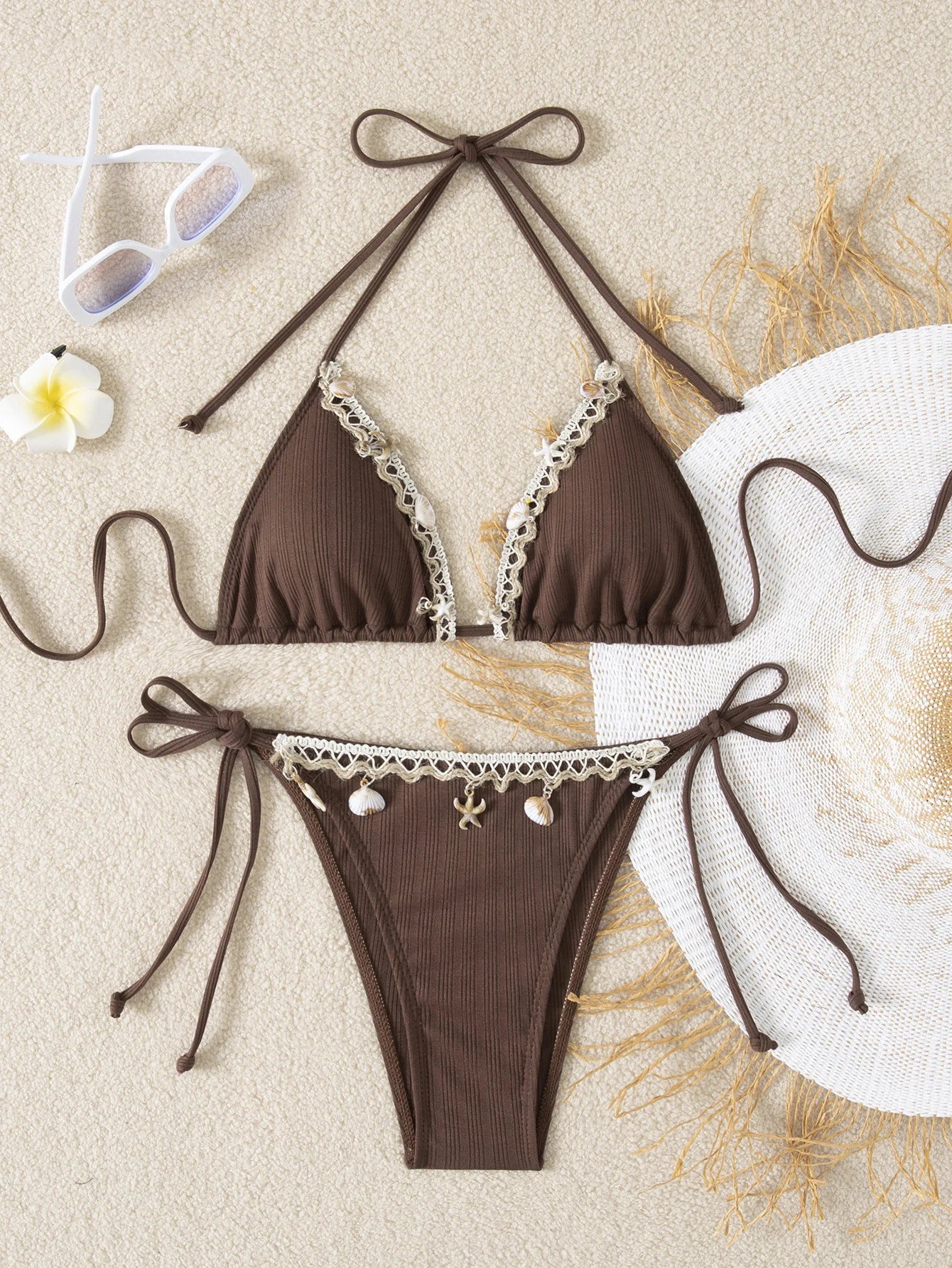 Shell Decoration Ribbed Halter Strappy Bikini Women Swimwear Female Swimsuit Two-pieces Bikini Set Bather Bathing Suit Swim Lady