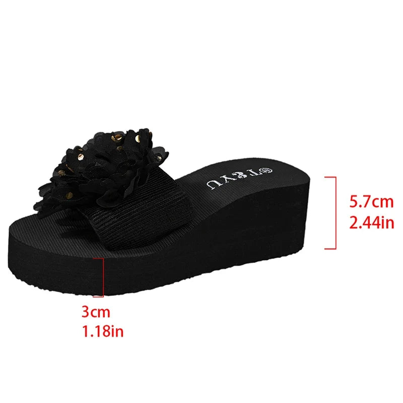 Fashion Flower Design Wedge Slippers Women Summer Sequins Black Platform Slides Female Stylish Anti-Slip High Heel Sandals Mujer