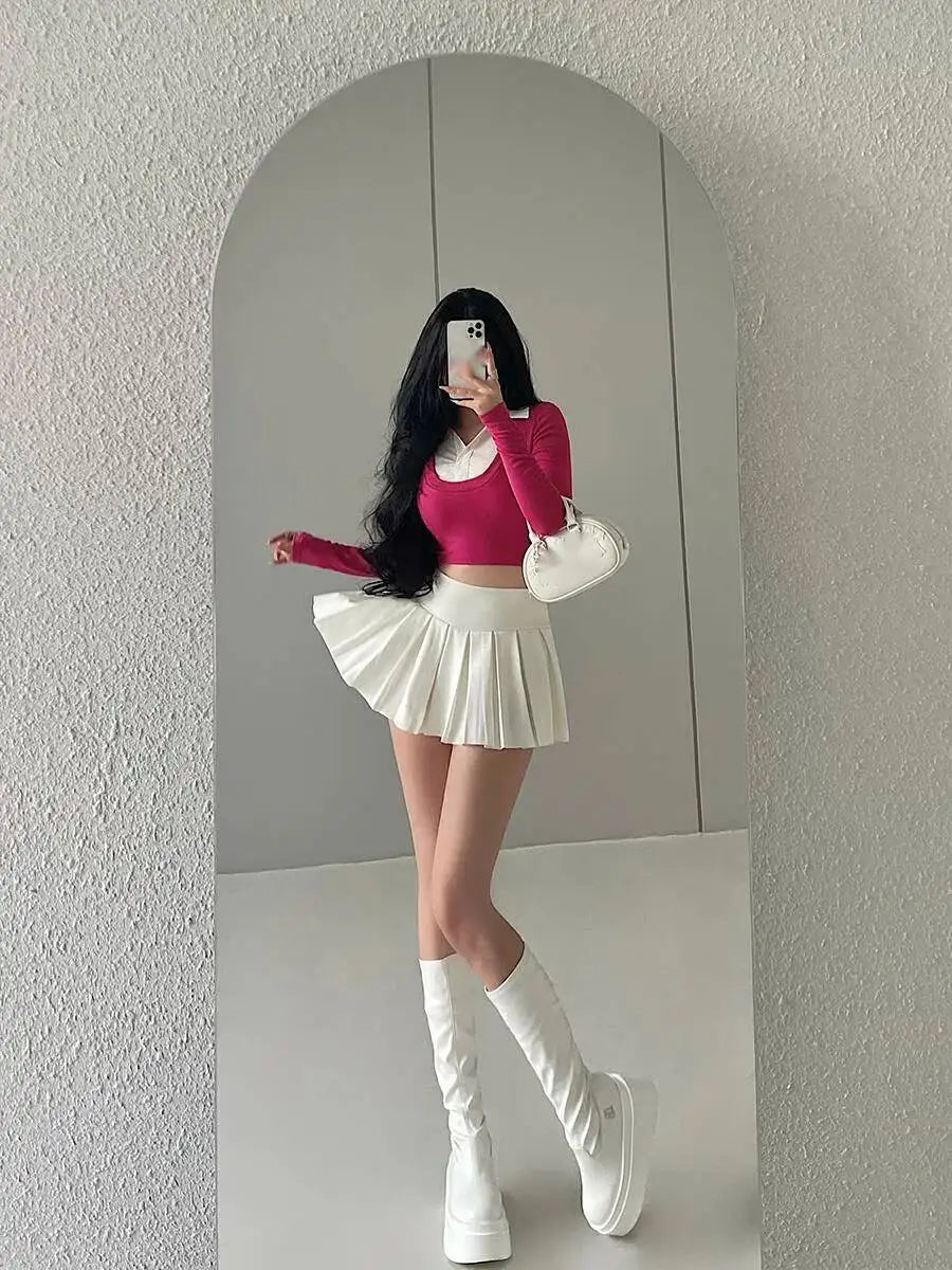 WOMENGAGA Fahsion Women Skorts Spicy Girl Sexy High Waist SlimA-LINE Pleated Skirt Half Body Short Skirt Sweet Korean Style 8NDZ